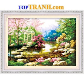 Tranh thêu chữ thập hoa bên suối